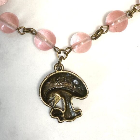Cute Cherry Quartz Bronze Round Mushroom Adjustable Pendant Choker - Picture 5 of 16